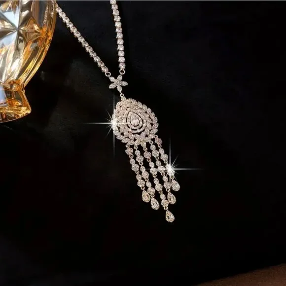 18K Gold Plated French Classic Tassel Diamond Sweater Chain Necklace - Picture 3 of 4